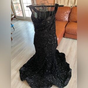 Fashion Nova Black Velvet and Sequin Long Dress